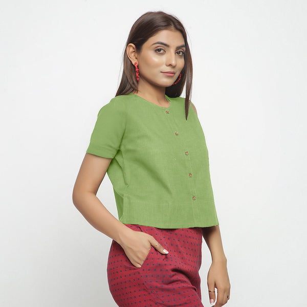 Olive Green Cotton Flax Button-Down Short Sleeves Shirt