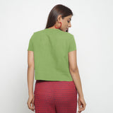 Olive Green Cotton Flax Button-Down Short Sleeves Shirt