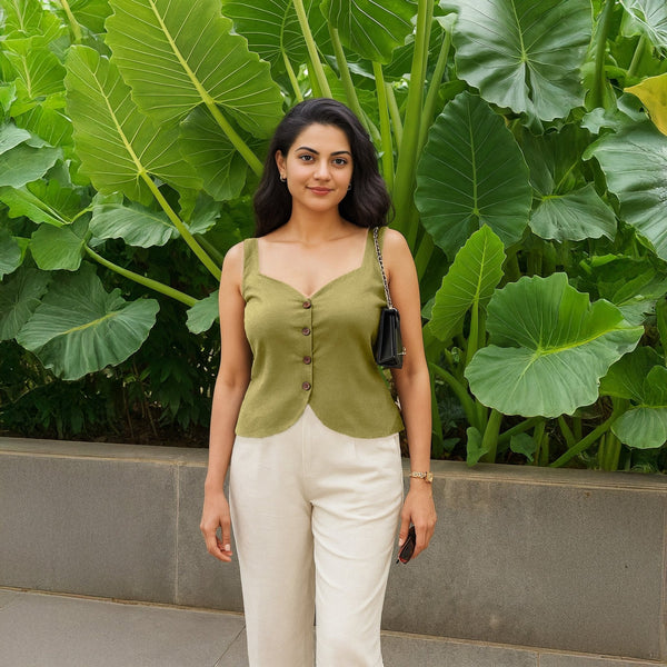 Olive Green Cotton Flax Button-Down Sweetheart Neck Waistcoat