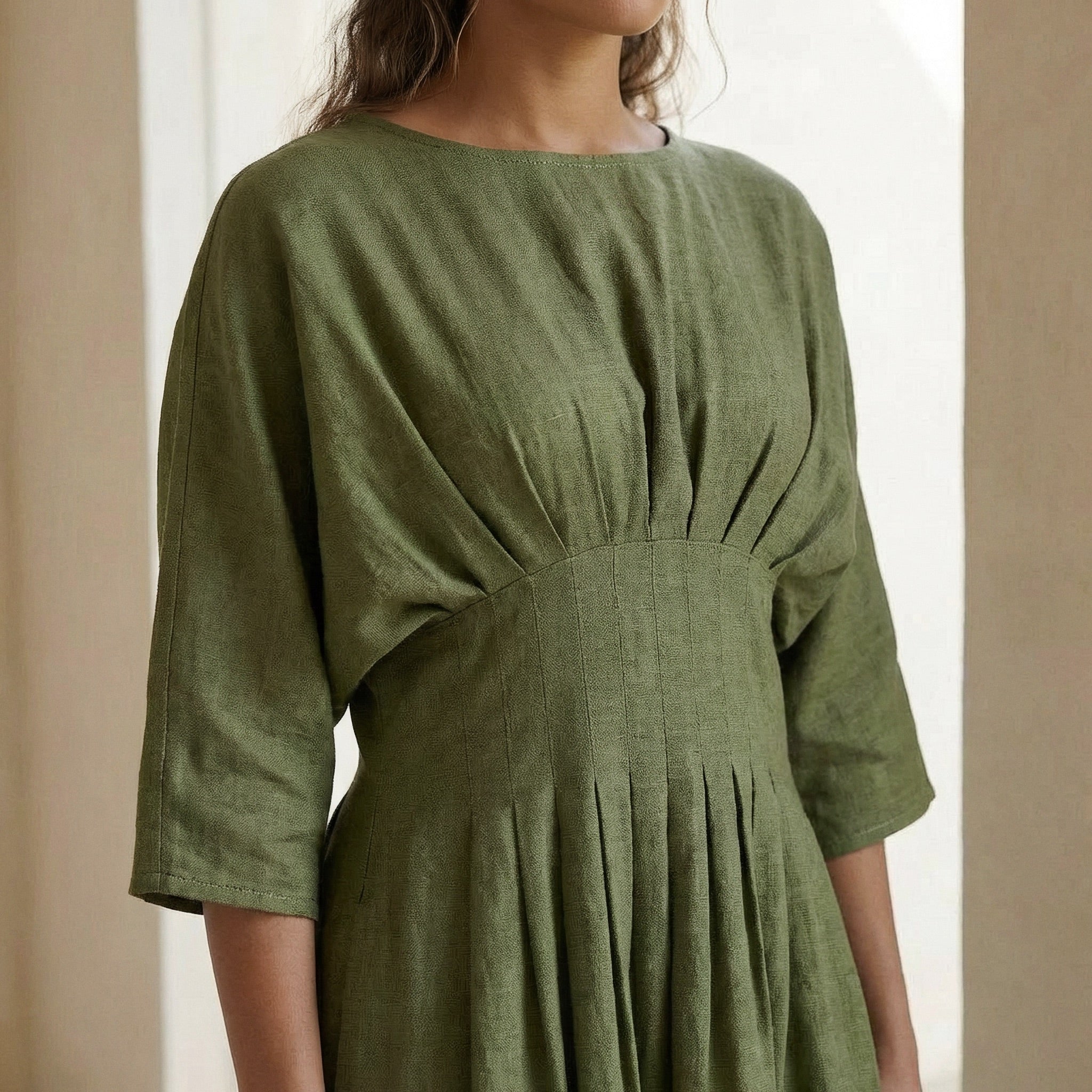Olive Green Cotton Flax Cinched Waist Flared Maxi Dress