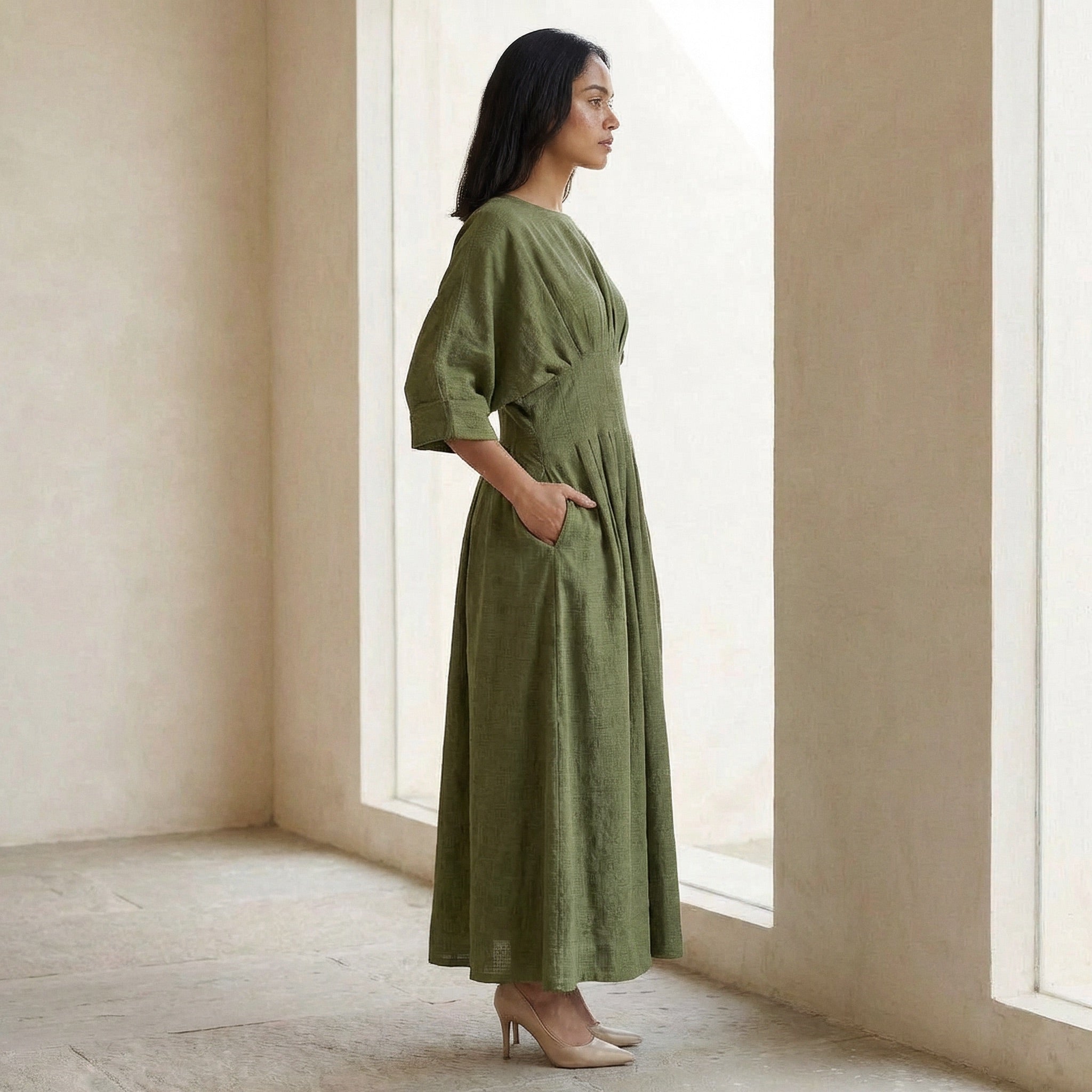 Olive Green Cotton Flax Cinched Waist Flared Maxi Dress