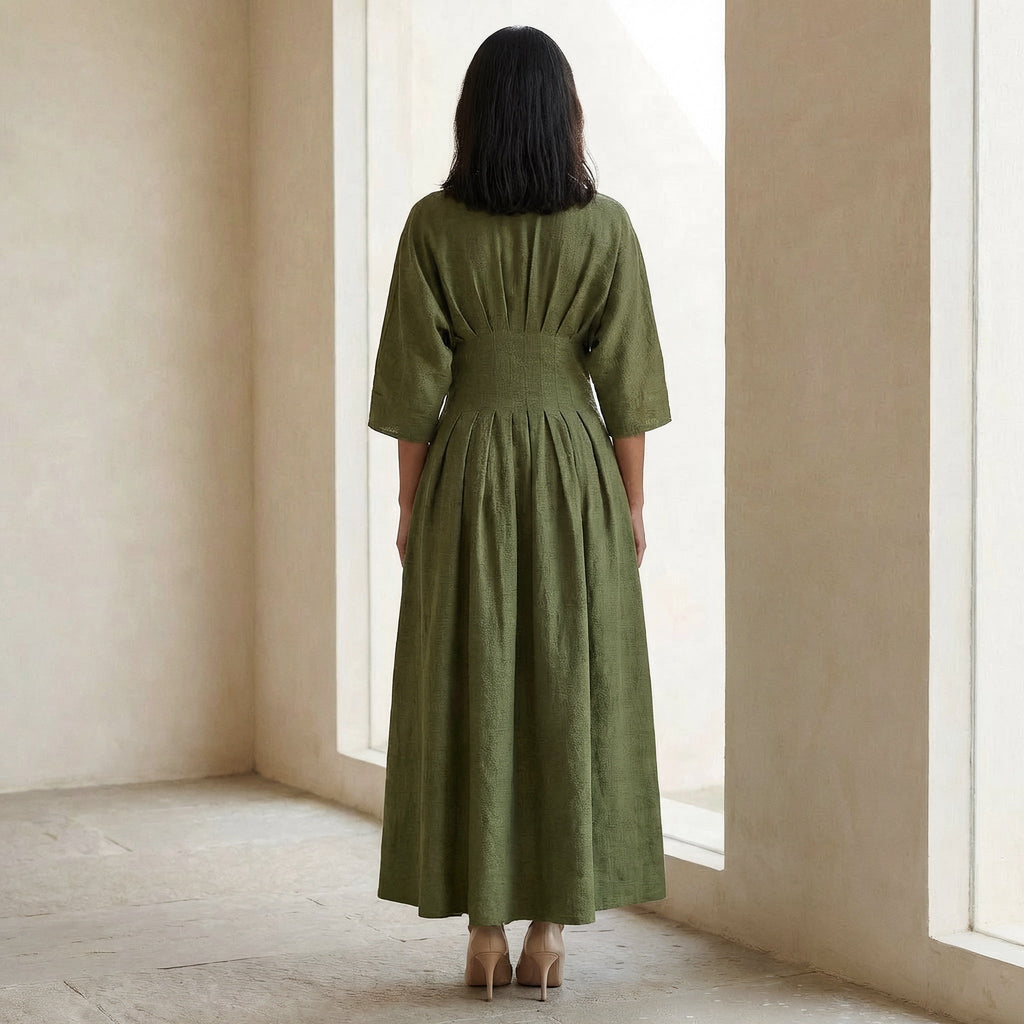Olive Green Cotton Flax Cinched Waist Flared Maxi Dress