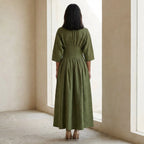Olive Green Cotton Flax Cinched Waist Flared Maxi Dress