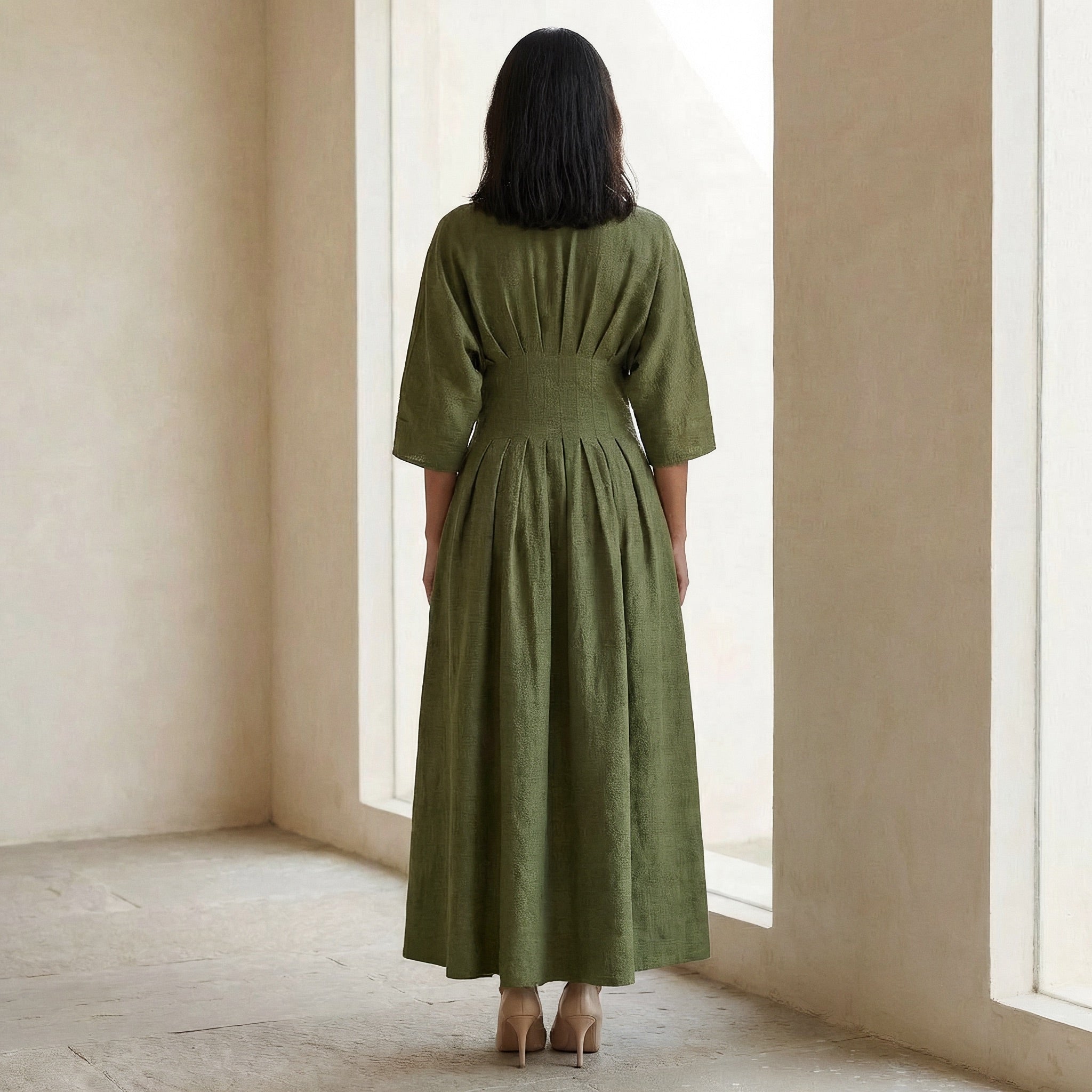 Olive Green Cotton Flax Cinched Waist Flared Maxi Dress