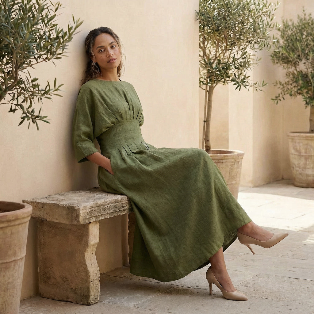 Olive Green Cotton Flax Cinched Waist Flared Maxi Dress