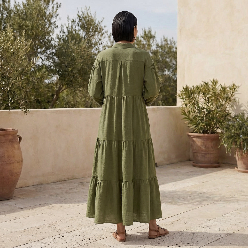 Olive Green Cotton Flax Deep-V Maxi Tier Dress
