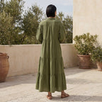 Olive Green Cotton Flax Deep-V Maxi Tier Dress