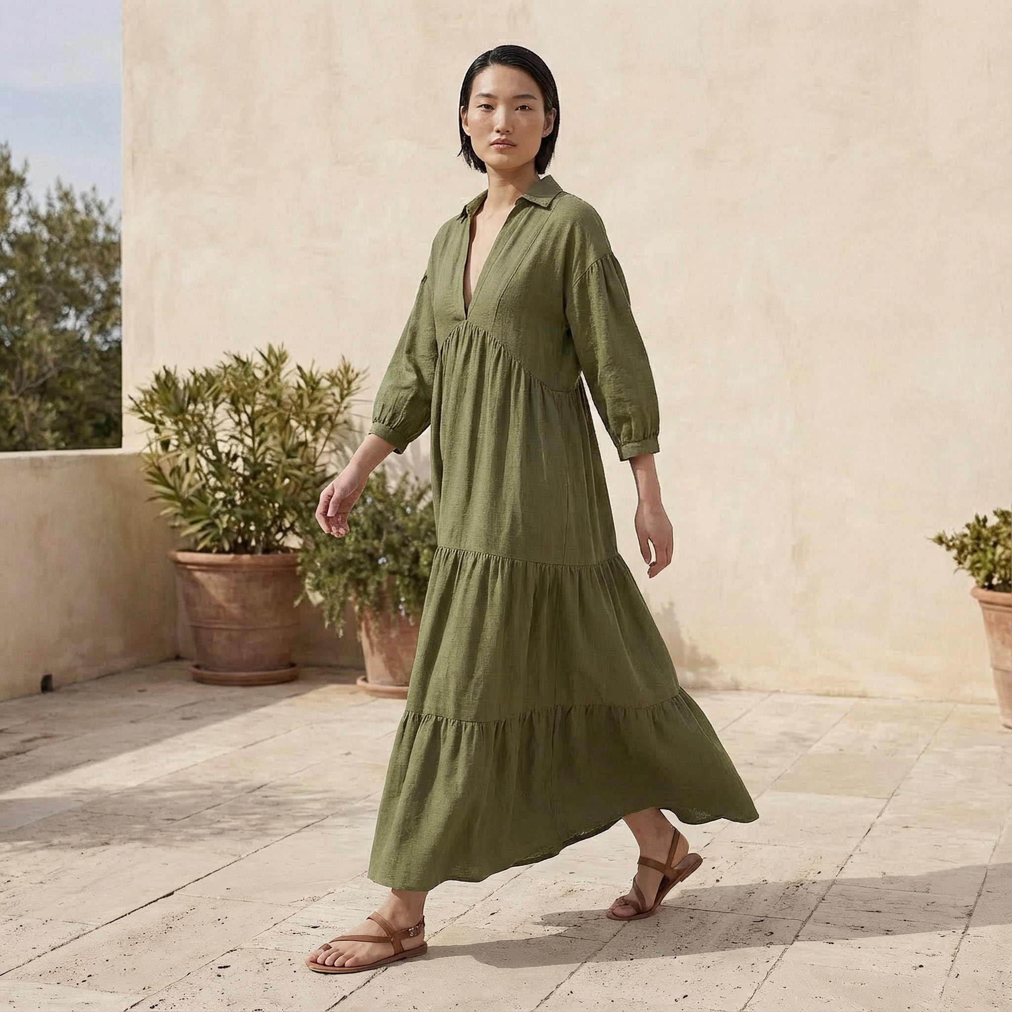 Olive Green Cotton Flax Deep-V Maxi Tier Dress