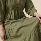 Olive Green Cotton Flax Deep-V Maxi Tier Dress