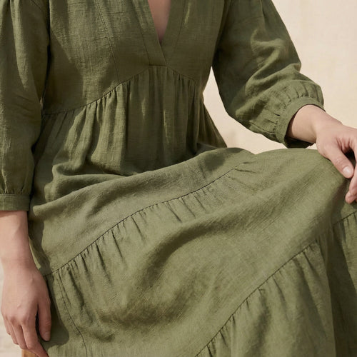 Olive Green Cotton Flax Deep-V Maxi Tier Dress