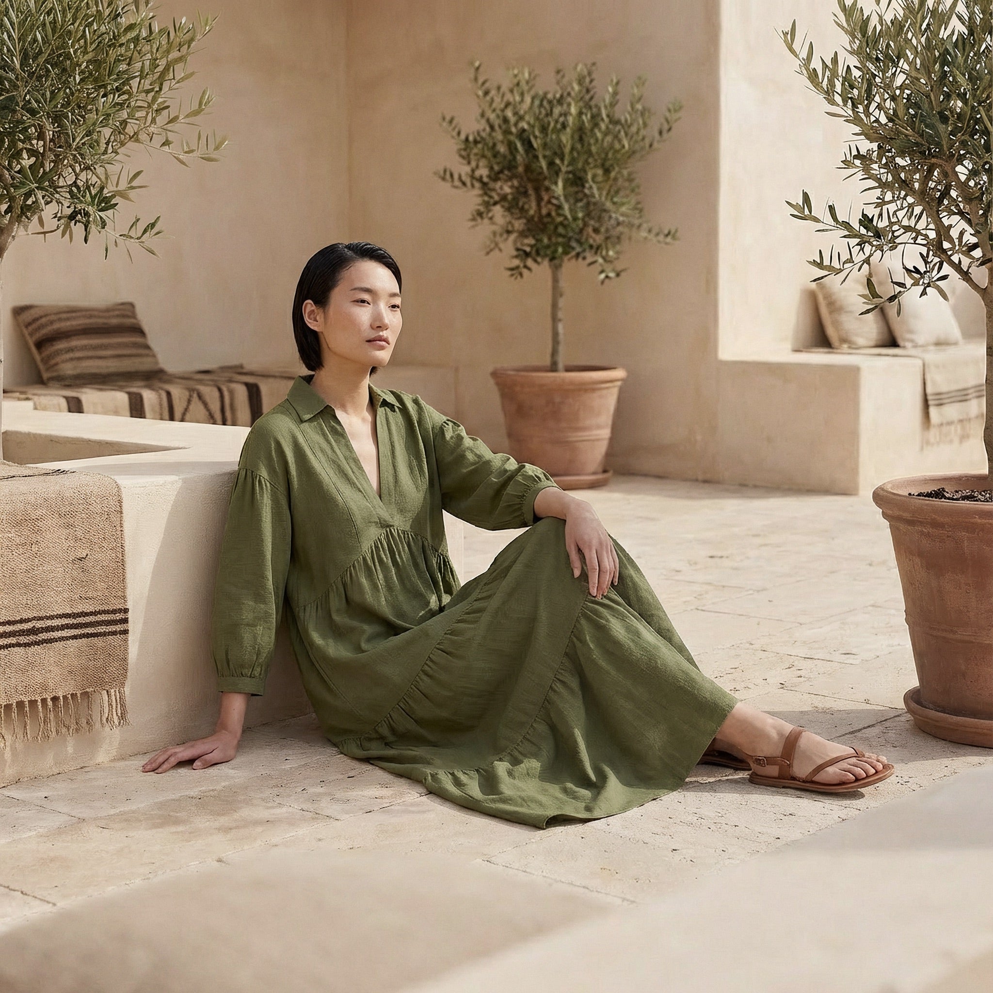 Olive Green Cotton Flax Deep-V Maxi Tier Dress