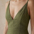 Olive Green Cotton Flax Deep V-Neck Cami Maxi Dress