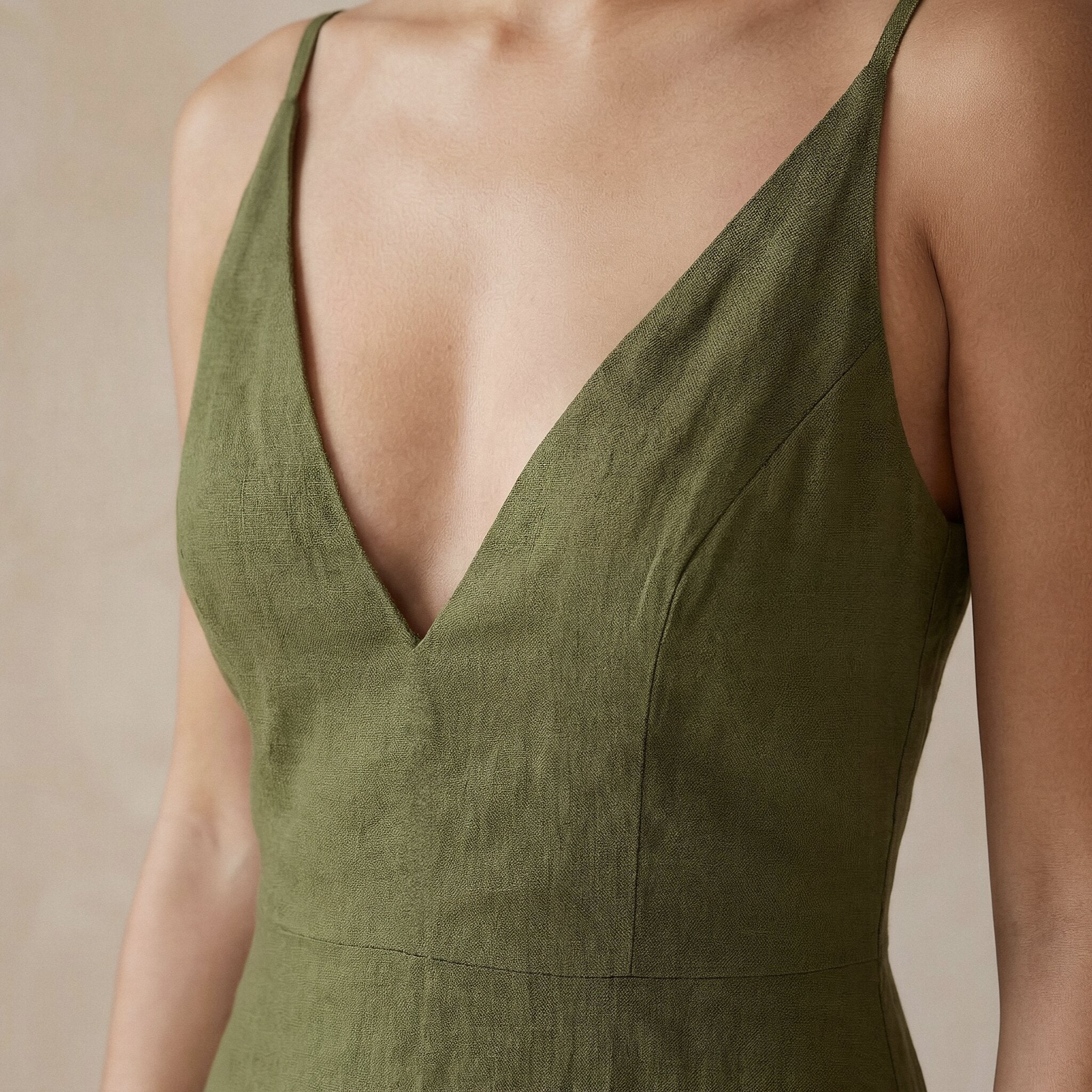 Olive Green Cotton Flax Deep V-Neck Cami Maxi Dress