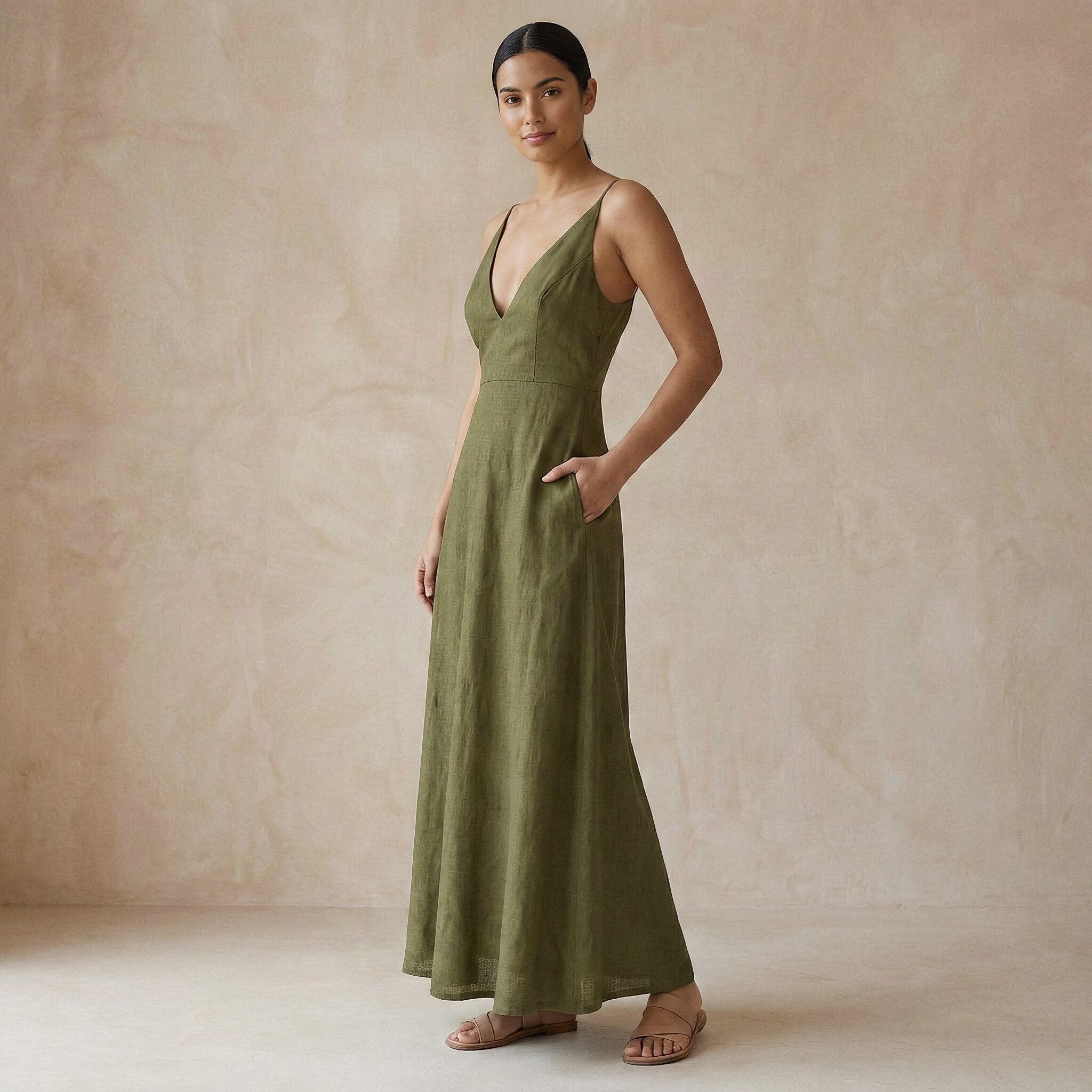 Olive Green Cotton Flax Deep V-Neck Cami Maxi Dress
