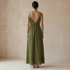 Olive Green Cotton Flax Deep V-Neck Cami Maxi Dress