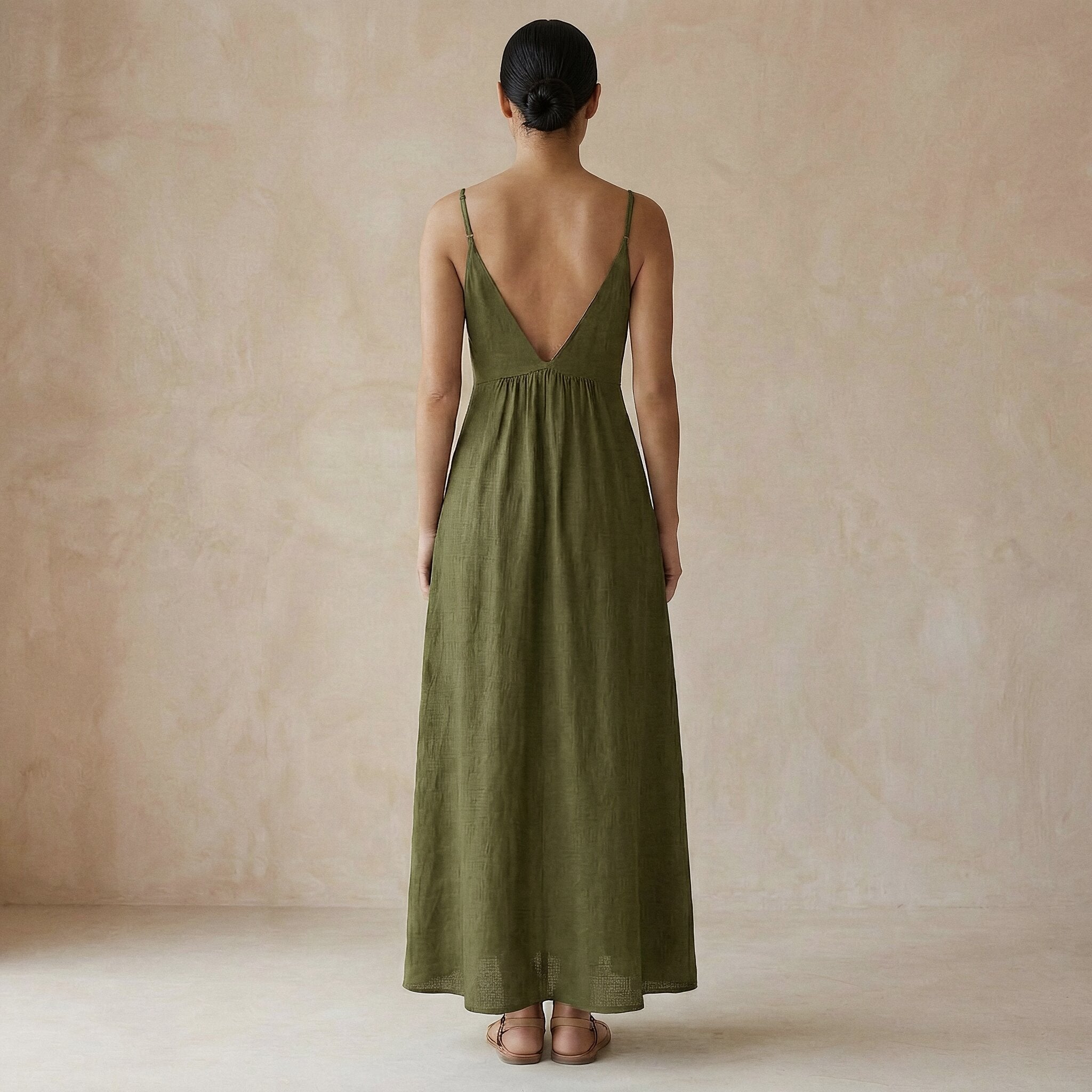 Olive Green Cotton Flax Deep V-Neck Cami Maxi Dress