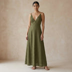 Olive Green Cotton Flax Deep V-Neck Cami Maxi Dress