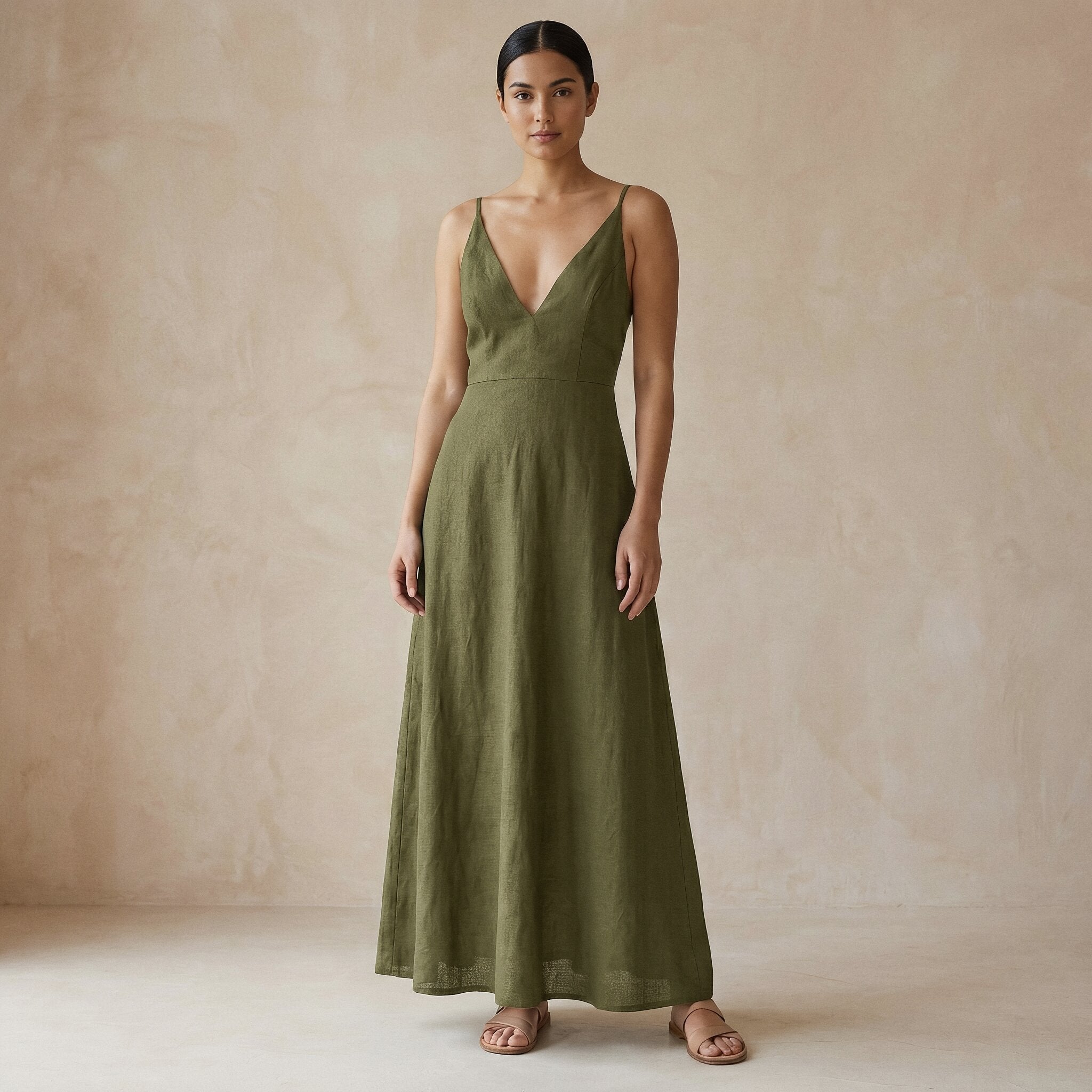 Olive Green Cotton Flax Deep V-Neck Cami Maxi Dress