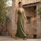 Olive Green Cotton Flax Deep V-Neck Cami Maxi Dress