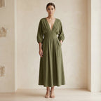 Olive Green Cotton Flax Deep-V Neck Empire Waist Maxi Dress