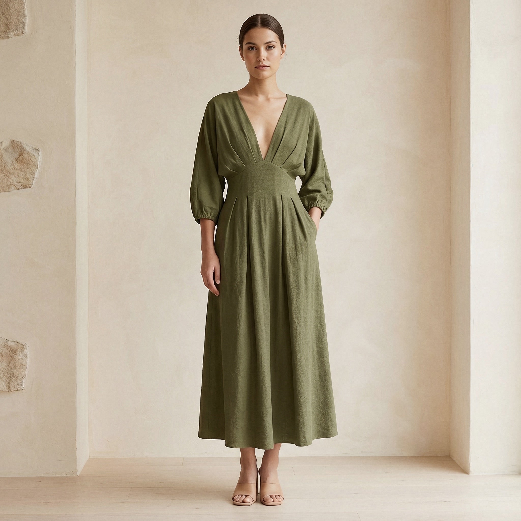 Olive Green Cotton Flax Deep-V Neck Empire Waist Maxi Dress