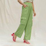 Olive Green Cotton Flax Elasticated High-Rise Cargo Pant