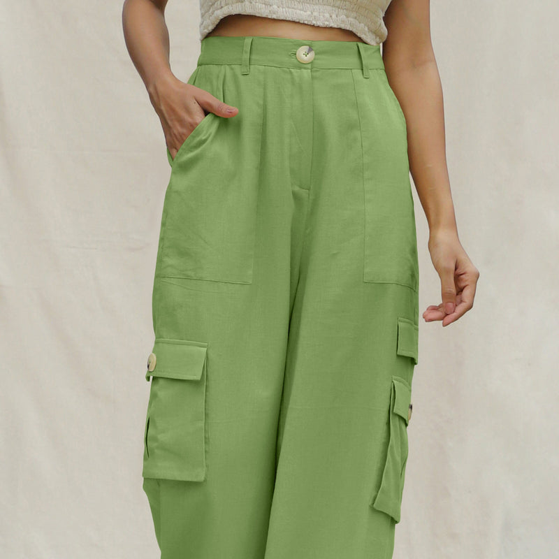 Olive Green Cotton Flax Elasticated High-Rise Cargo Pant