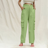 Olive Green Cotton Flax Elasticated High-Rise Cargo Pant