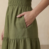 Olive Green Cotton Flax Elasticated Short Tier Dress