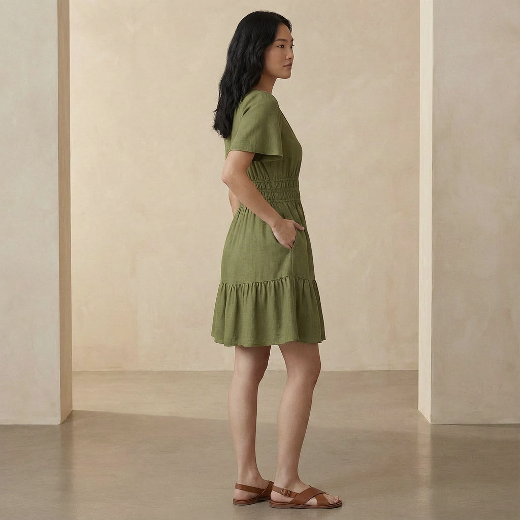 Olive Green Cotton Flax Elasticated Short Tier Dress