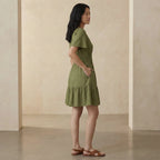 Olive Green Cotton Flax Elasticated Short Tier Dress