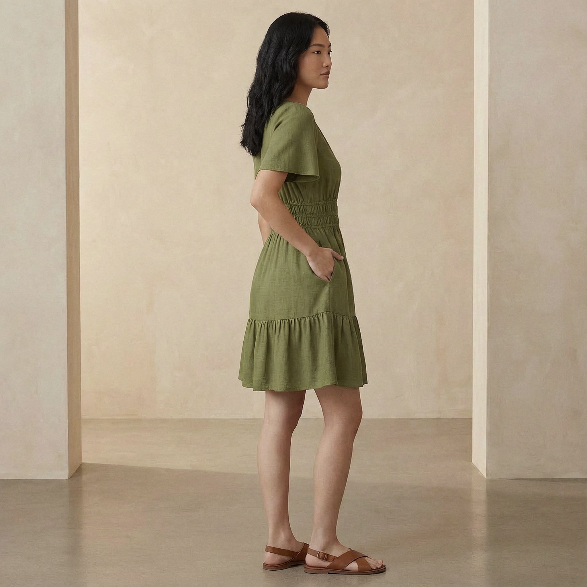Olive Green Cotton Flax Elasticated Short Tier Dress