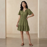 Olive Green Cotton Flax Elasticated Short Tier Dress