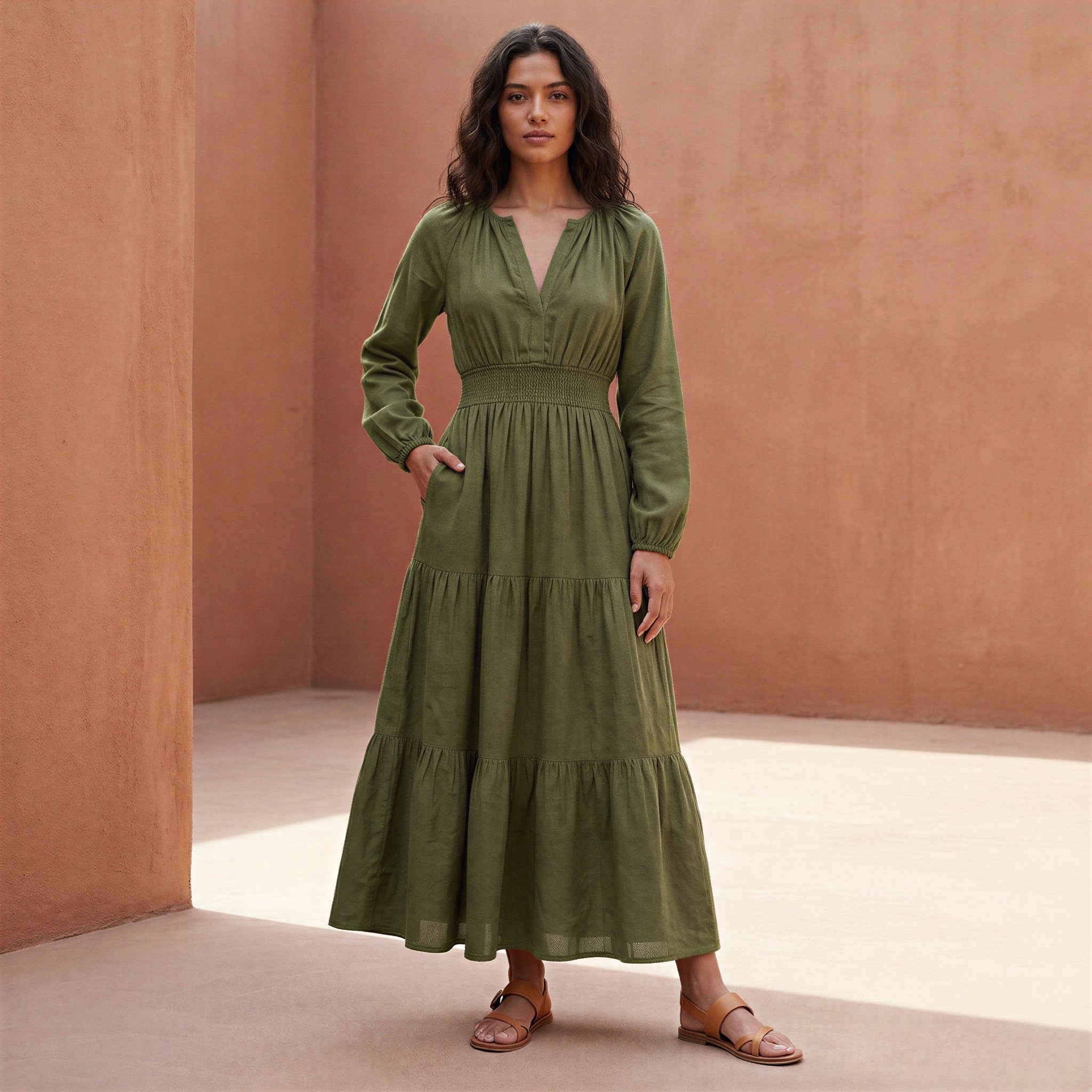 Olive Green Cotton Flax Fit and Flare Maxi Tier Dress