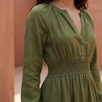 Olive Green Cotton Flax Fit and Flare Maxi Tier Dress