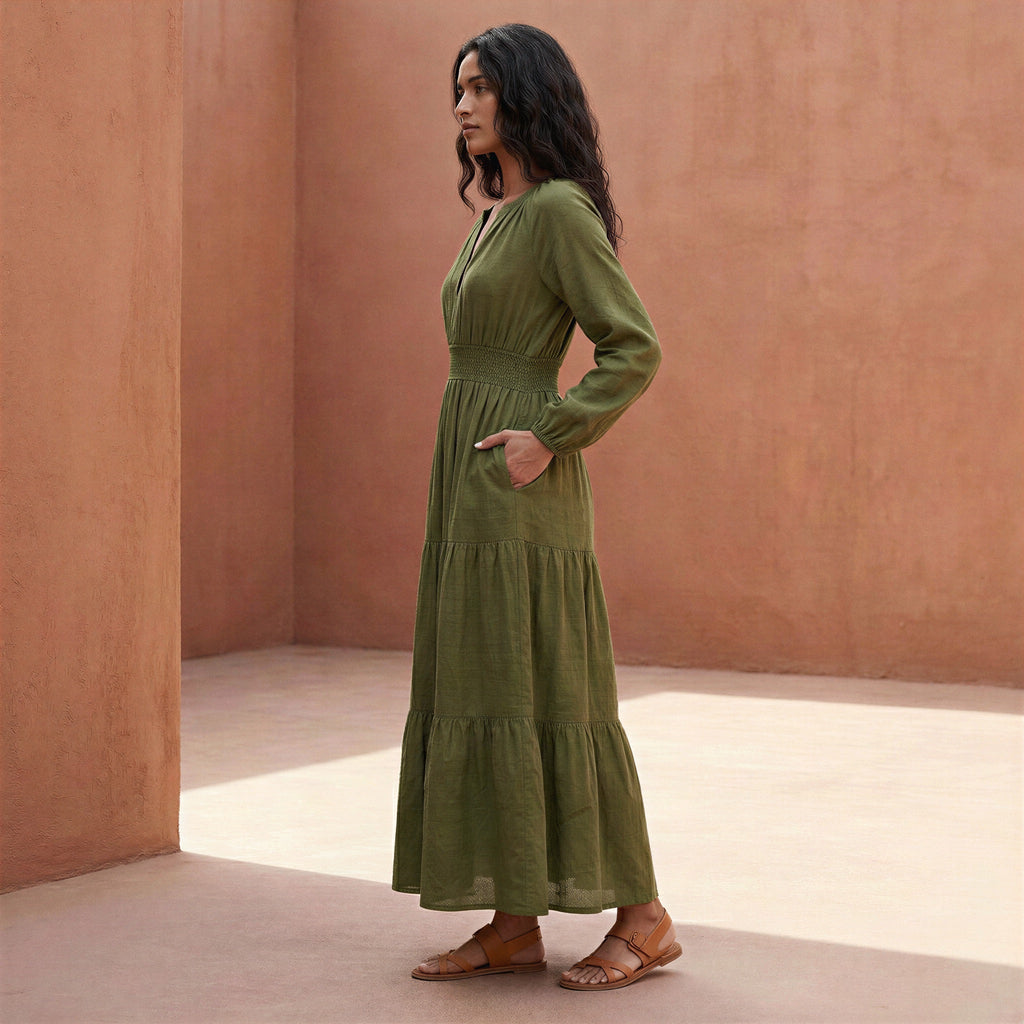 Olive Green Cotton Flax Fit and Flare Maxi Tier Dress