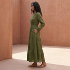 Olive Green Cotton Flax Fit and Flare Maxi Tier Dress