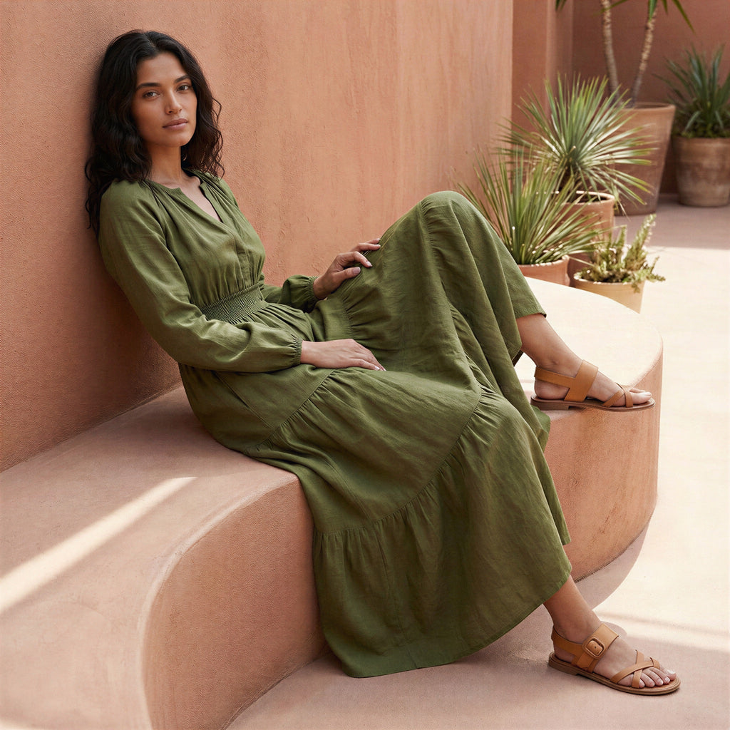 Olive Green Cotton Flax Fit and Flare Maxi Tier Dress