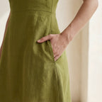 Olive Green Cotton Flax Fit and Flare Short Dress