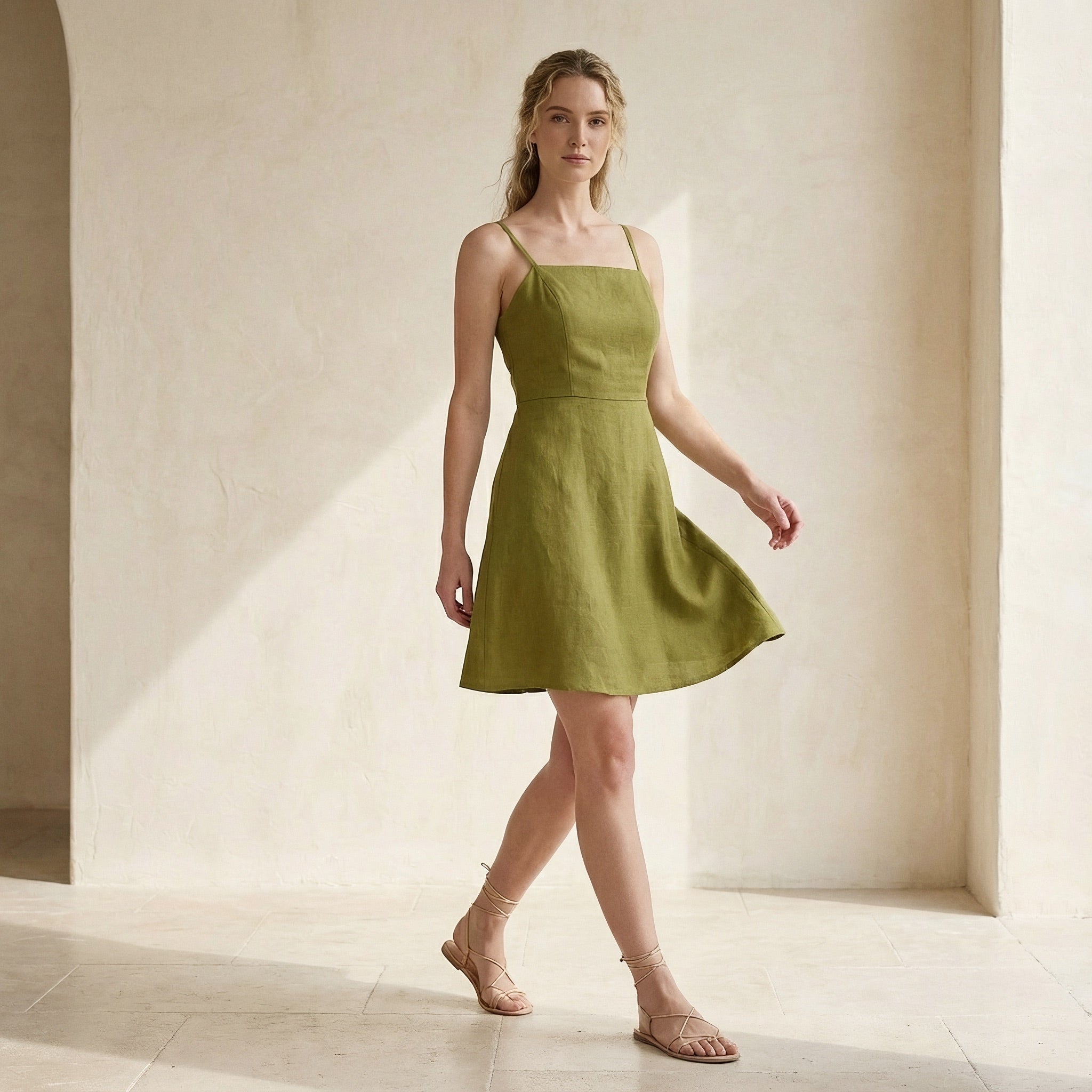 Olive Green Cotton Flax Fit and Flare Short Dress