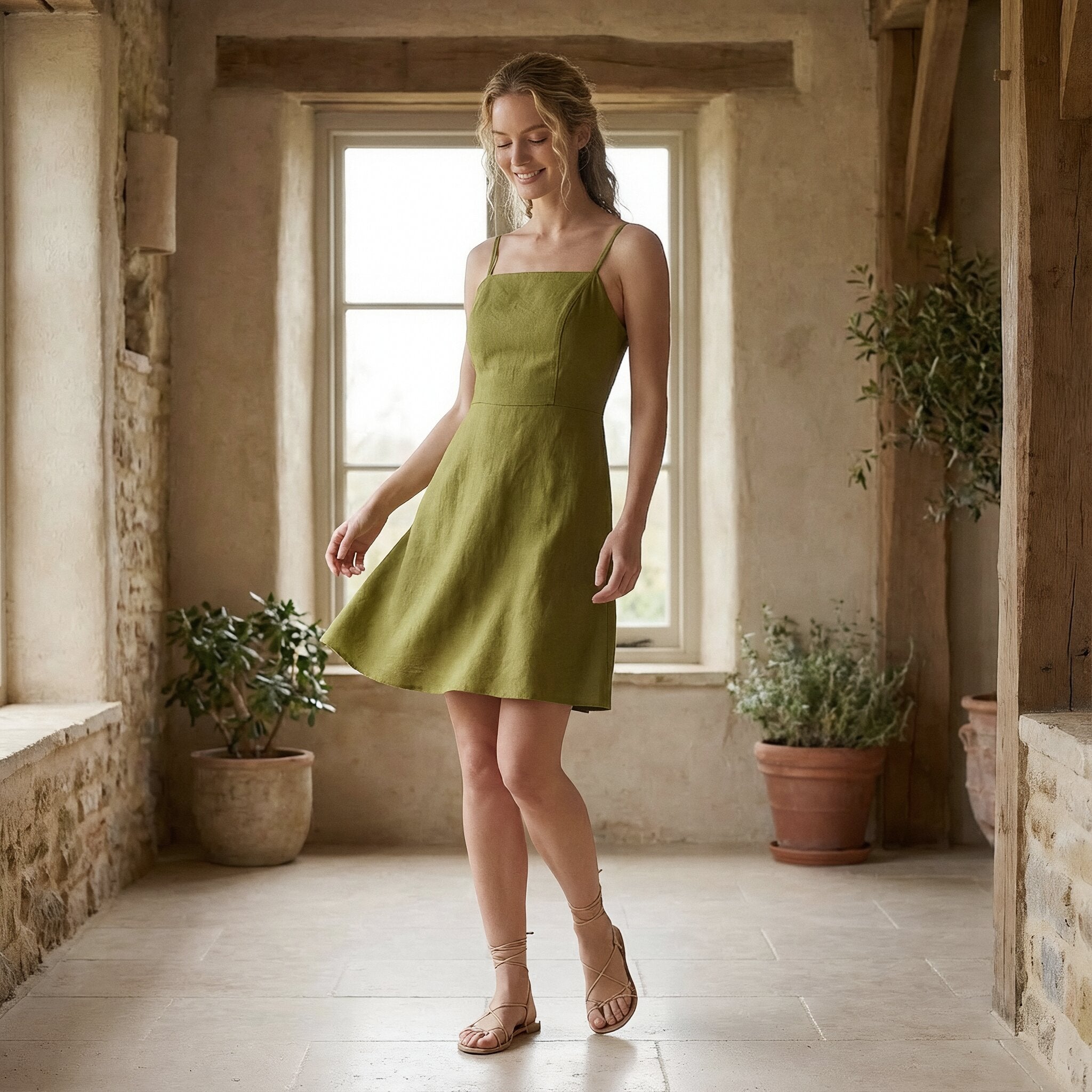 Olive Green Cotton Flax Fit and Flare Short Dress