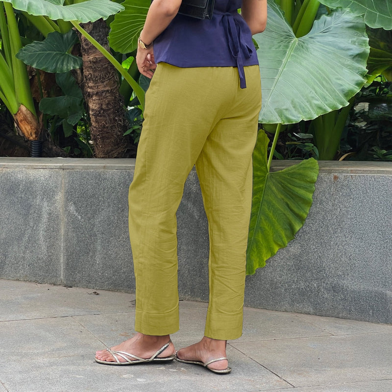 Olive Green Cotton Flax High-Rise Straight Leg Pant