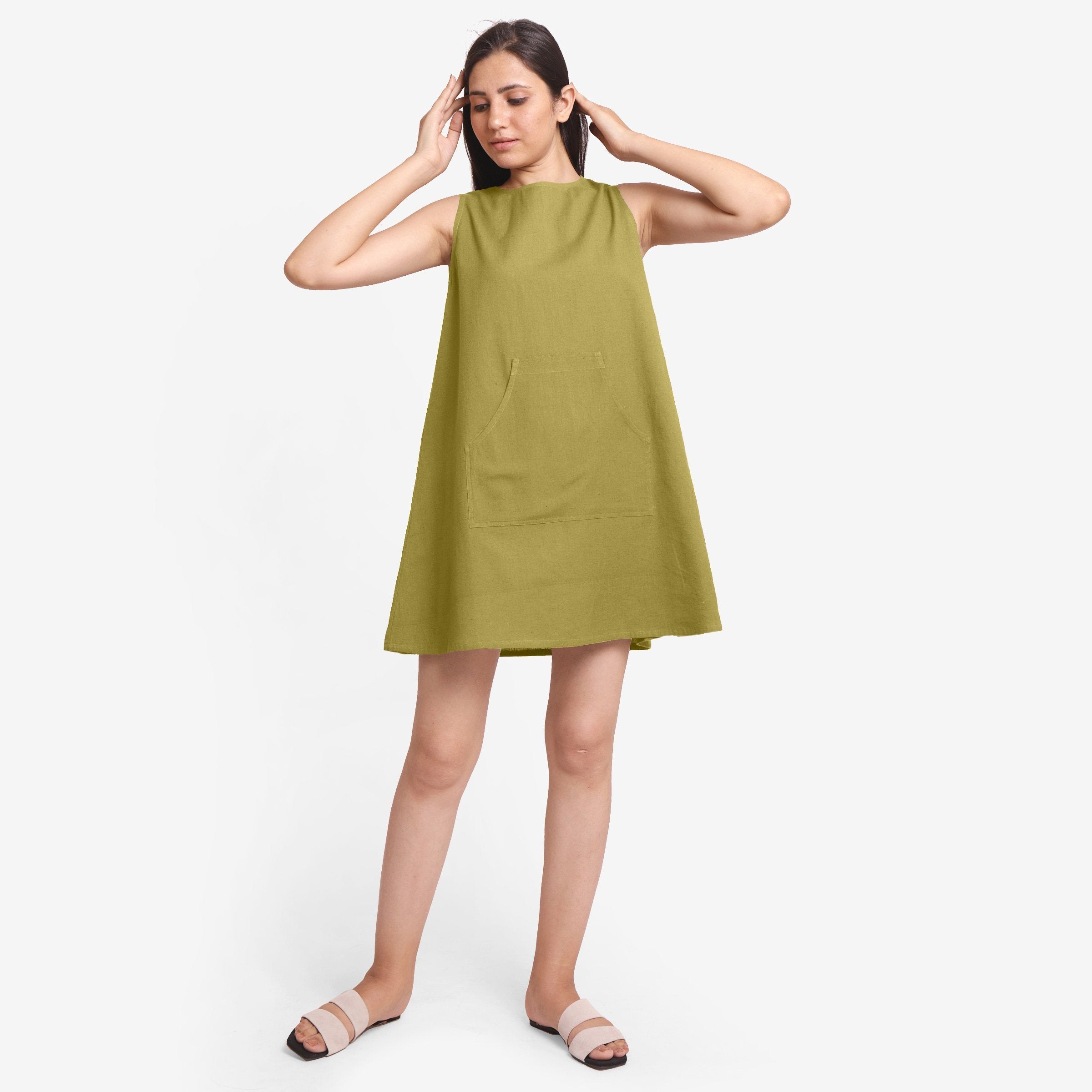 Front View of a Model wearing Olive Green Cotton Flax Kangaroo Pocket Dress