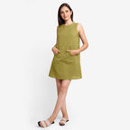 Front View of a Model wearing Olive Green Cotton Flax Kangaroo Pocket Dress