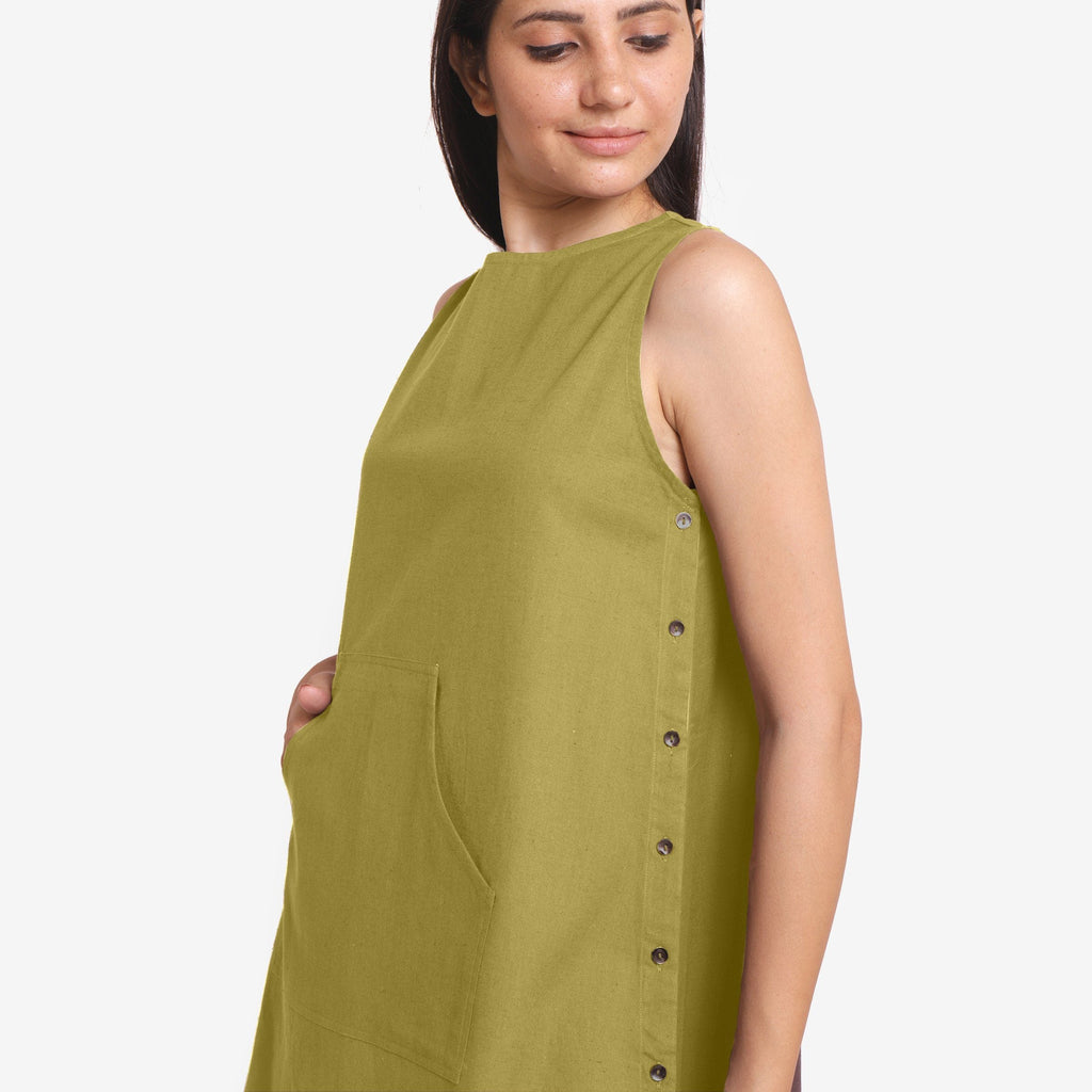 Front Detail of a Model wearing Olive Green Cotton Flax Kangaroo Pocket Dress