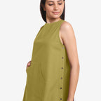 Front Detail of a Model wearing Olive Green Cotton Flax Kangaroo Pocket Dress