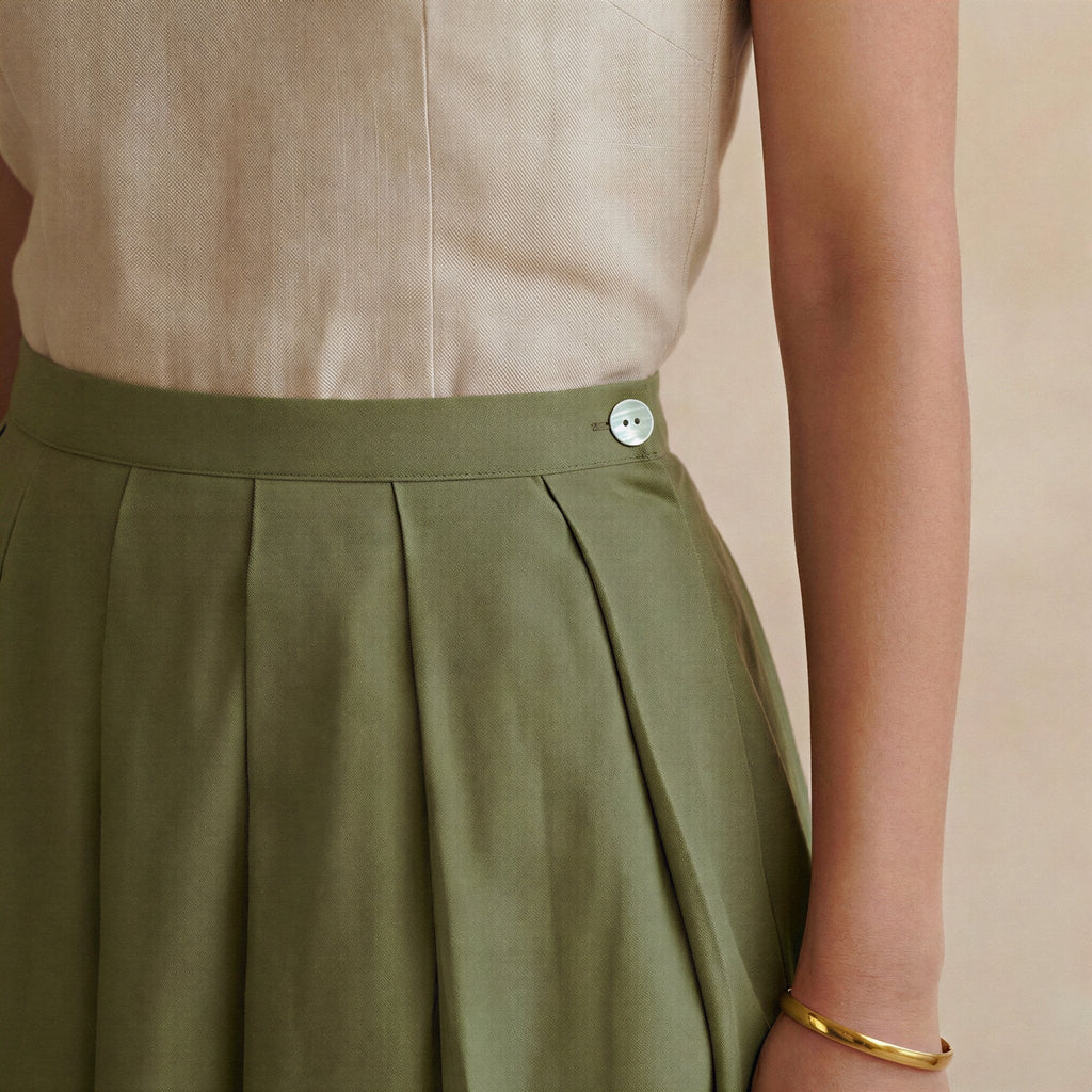 Olive Green Cotton Flax Knee-Length Pleated Skirt