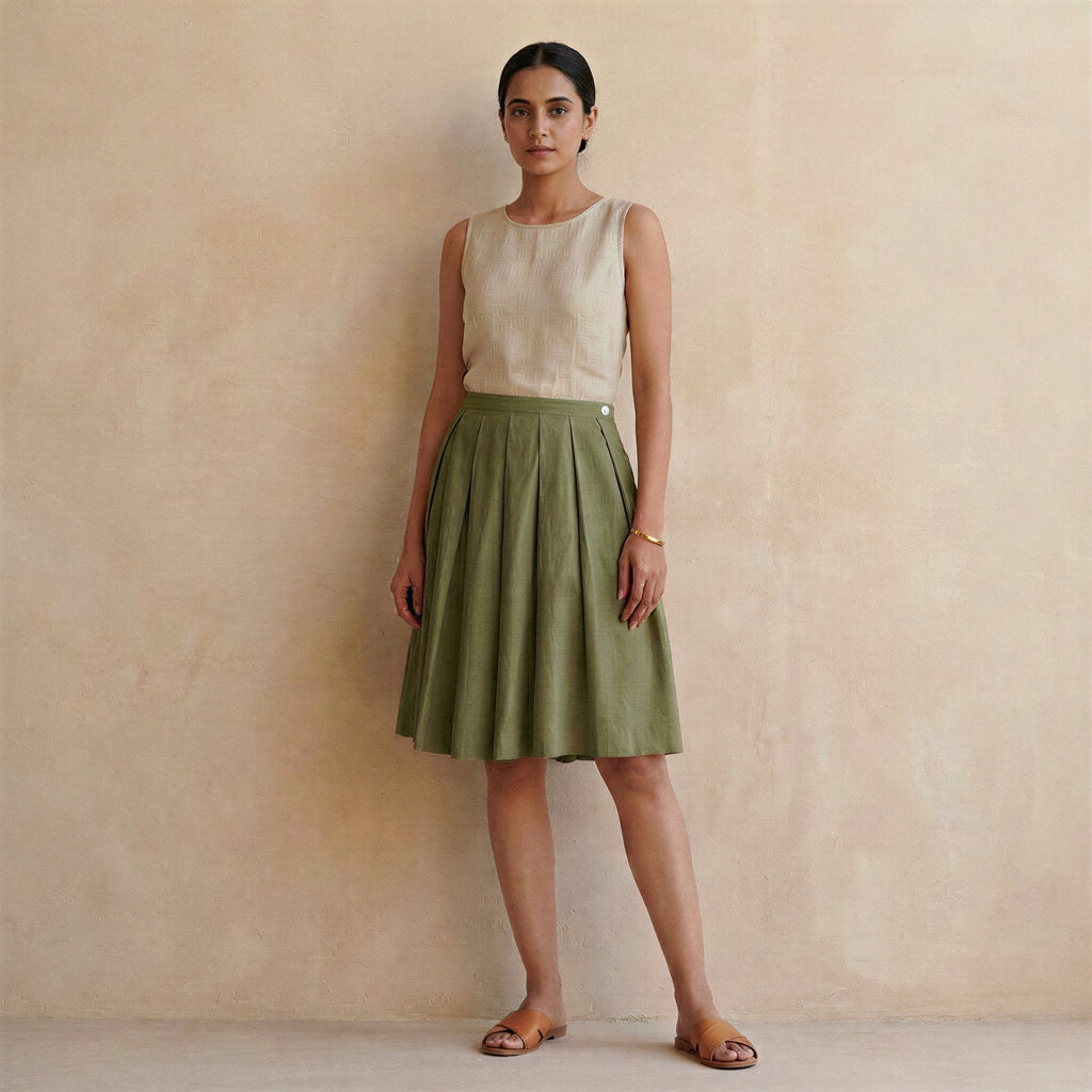 Olive Green Cotton Flax Knee-Length Pleated Skirt