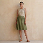 Olive Green Cotton Flax Knee-Length Pleated Skirt