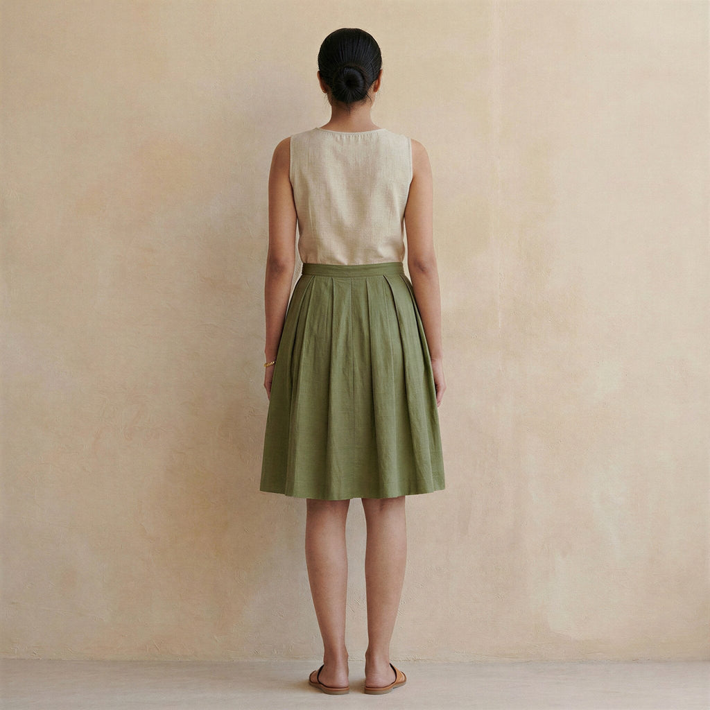 Olive Green Cotton Flax Knee-Length Pleated Skirt